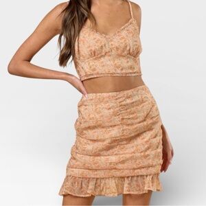 Blue Blush Orange Floral Ruffle Skirt Two Piece Cropped Top Skirt Set SMALL NWOT